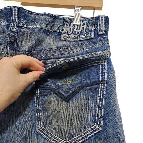 Request Jeans | Distressed Worked-In Flap Back Pocket Relaxed Straight Leg Jeans - Picture 4 of 11